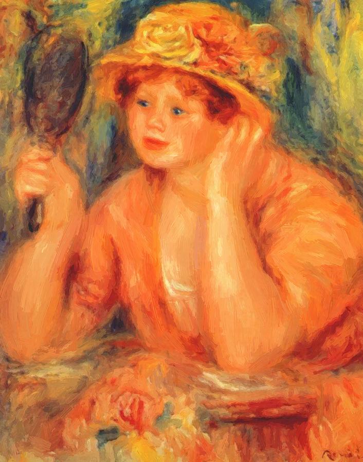 706x900 Girl Looking Into A Mirror Painting By Renoir Pierreauguste - Girl Looking In Mirror Painting