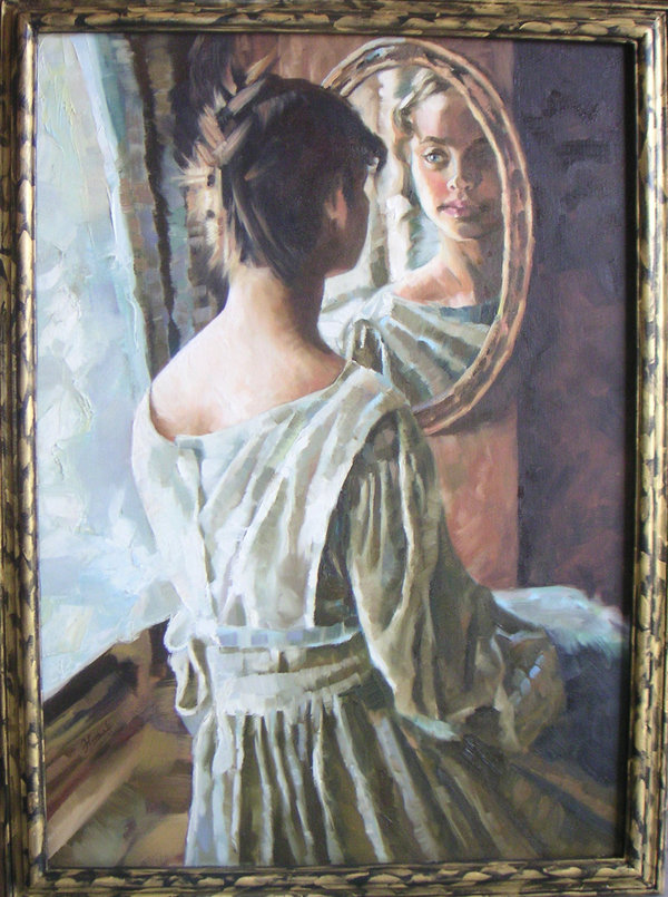 600x805 Girl Gazing - Girl Looking In Mirror Painting