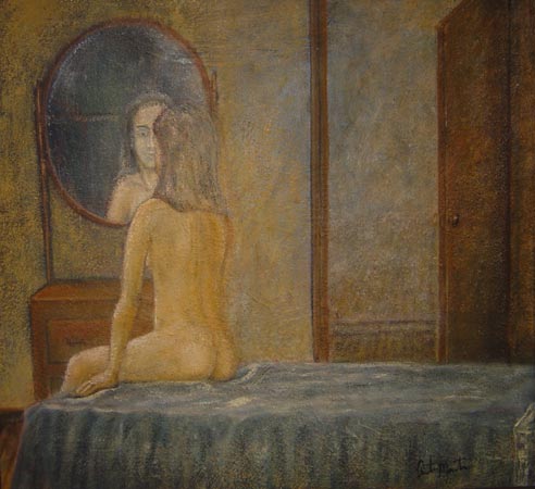 492x450 Austin Manchester Oil Painting Girl And Mirror - Girl Looking In Mirror Painting
