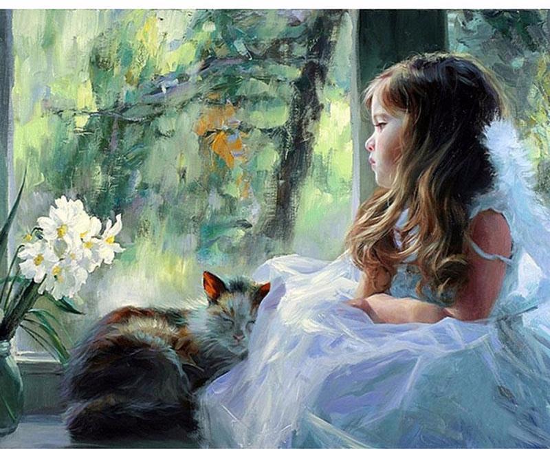 800x653 Girl And Cat Looking Out Of The Rainy Window Paint By Numbers - Girl Looking Out Window Painting