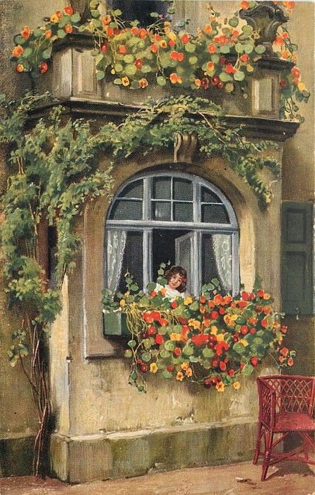 446x700 Nasturtions In Window Box Below Girl Looking Out Of Window - Girl Looking Out Window Painting