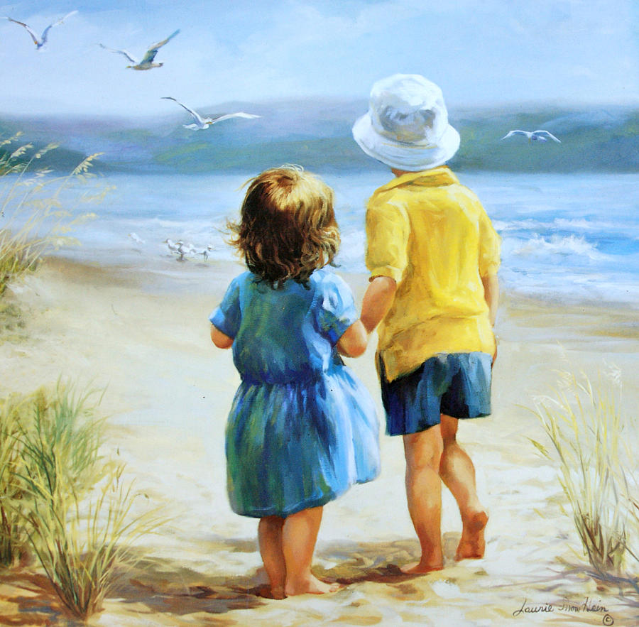 900x883 Foot Prints Painting By Laurie Hein - Girl On Beach Painting