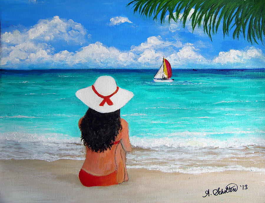 900x689 Girl On A Turquoise Beach Painting By Amy Scholten - Girl On Beach Painting