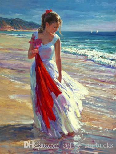 377x500 2018 Nice Young Girl Playing By Beach Amp Ocean Waves Coastal Breeze - Girl On Beach Painting
