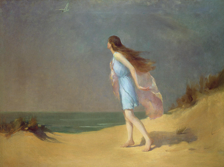 900x673 Girl On The Beach Painting By Frank Richards - Girl On Beach Painting