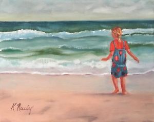 300x238 Original Oil Painting, One Of A Kind Impressionist Seascape Girl - Girl On Beach Painting