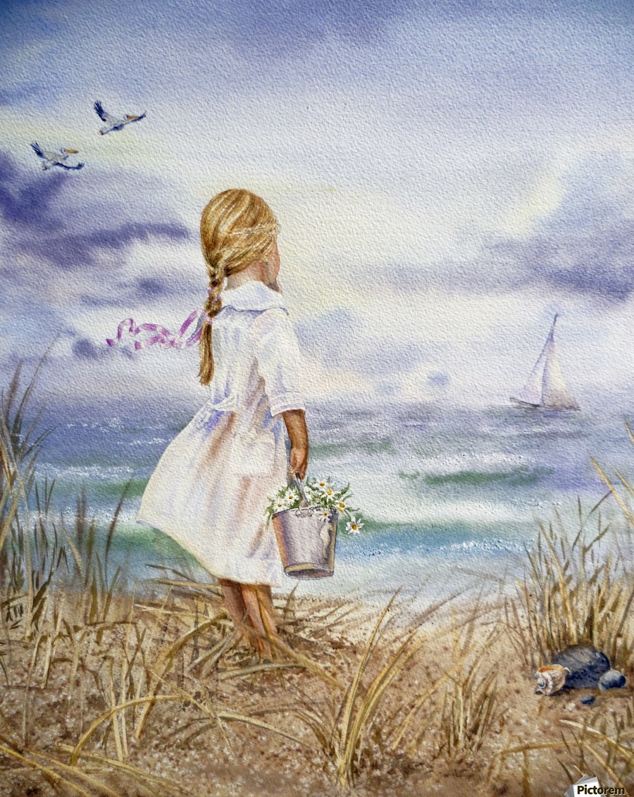 900x1131 Watercolor Beach Painting Girl Boat And Ocean - Girl On Beach Painting