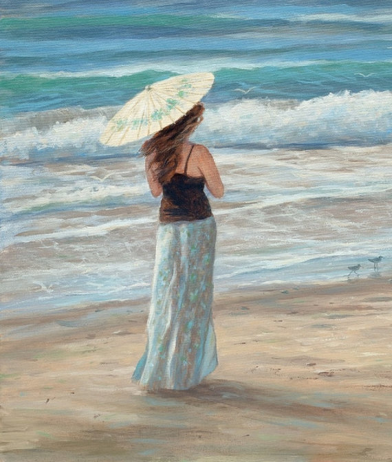 570x672 Beach Greeting Card Girl Woman Beach Coastal - Girl On Beach Painting