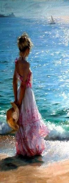 236x618 Dreamy Paintings Of Women On The Beach Looking To Sea - Girl On Beach Painting