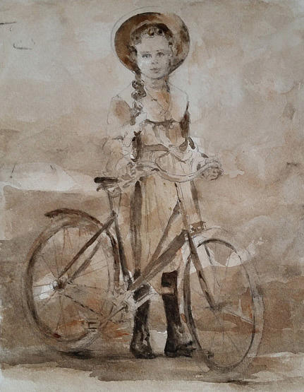 431x555 Girl With Bike Painting By Rose Sinatra - Girl On Bicycle Painting