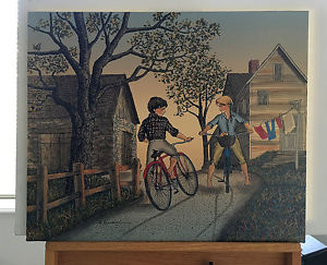 300x243 H Hargrove Painting Art 20x24 Serigraph On Stretched Canvas Puppy - Girl On Bicycle Painting