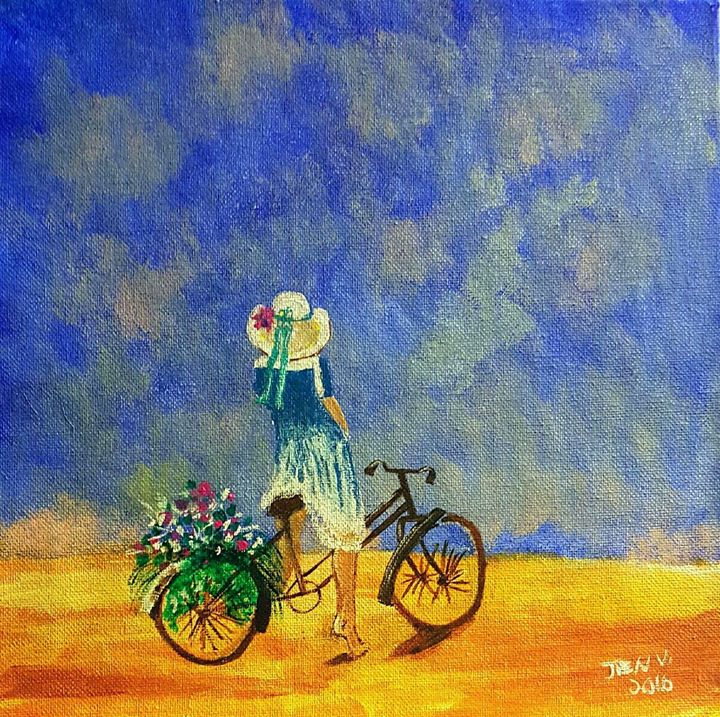 720x717 Acrylic Painting - Girl On Bicycle Painting