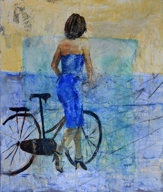 552x650 Woman With A Bicycle, Painting, Walking, Girl Art Print - Girl On Bicycle Painting