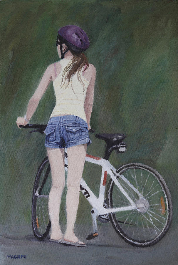 606x900 Young Girl And Bicycle Painting By Masami Iida - Girl On Bicycle Painting