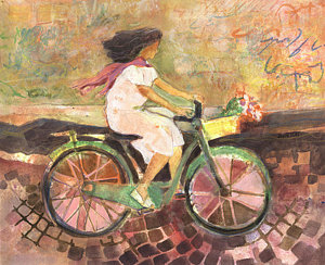 300x244 Bicycle Paintings Fine Art America - Girl On Bicycle Painting
