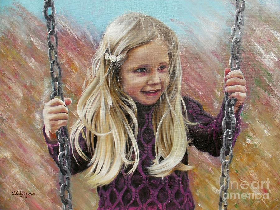 900x675 Blond Girl On A Swing Painting By Yulia Litvinova - Girl On Swing Painting