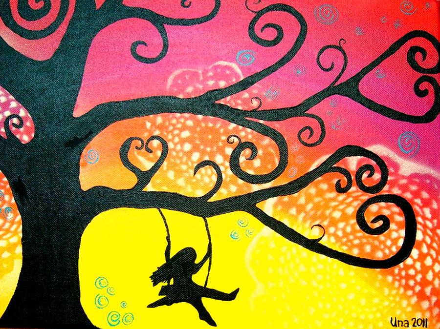 900x674 Swinging In The Breeze Painting By Una Miller - Girl On Swing Painting