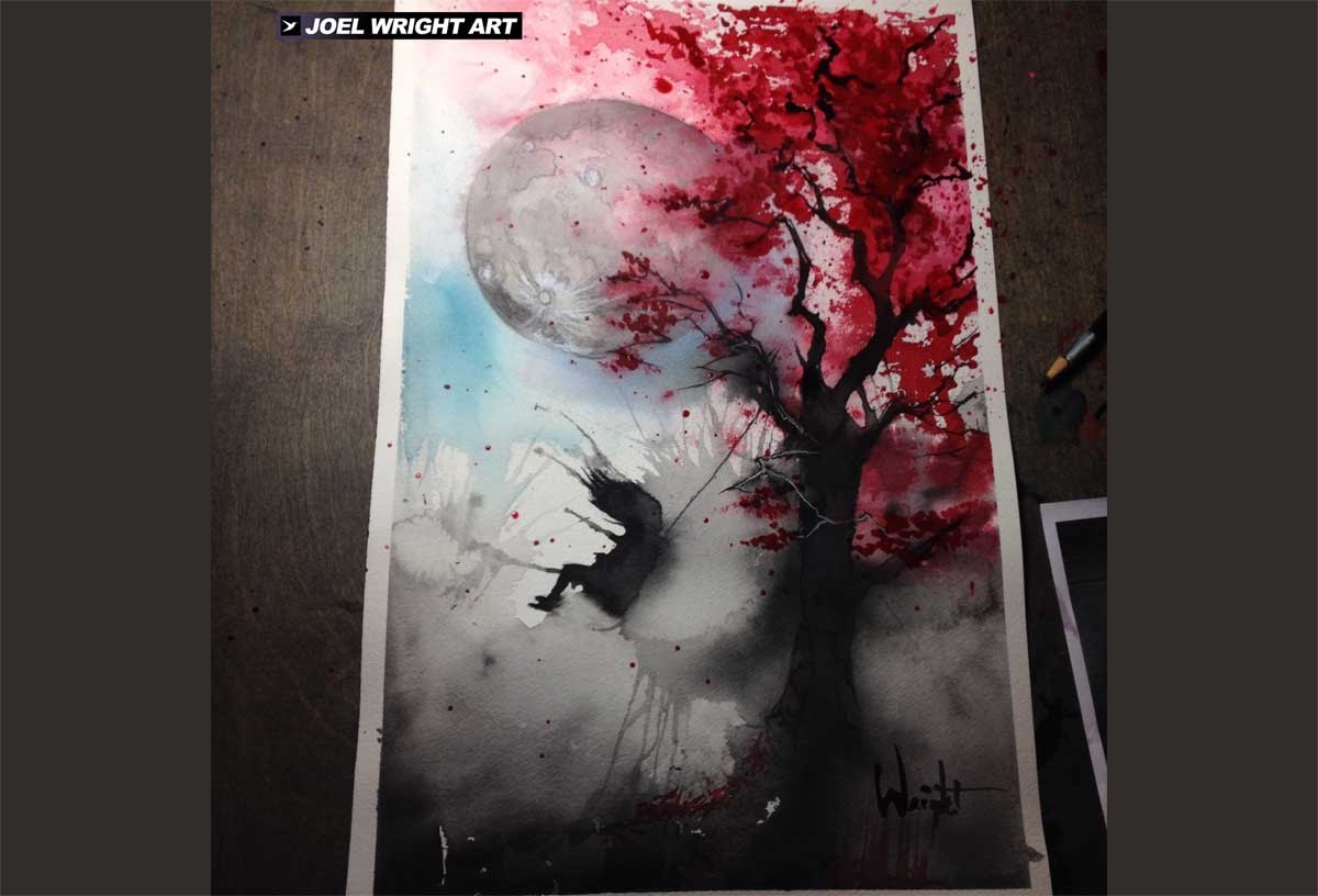 1200x816 Girl Swinging From Red Tree With Full Moon Watercolor Painting - Girl On Swing Painting