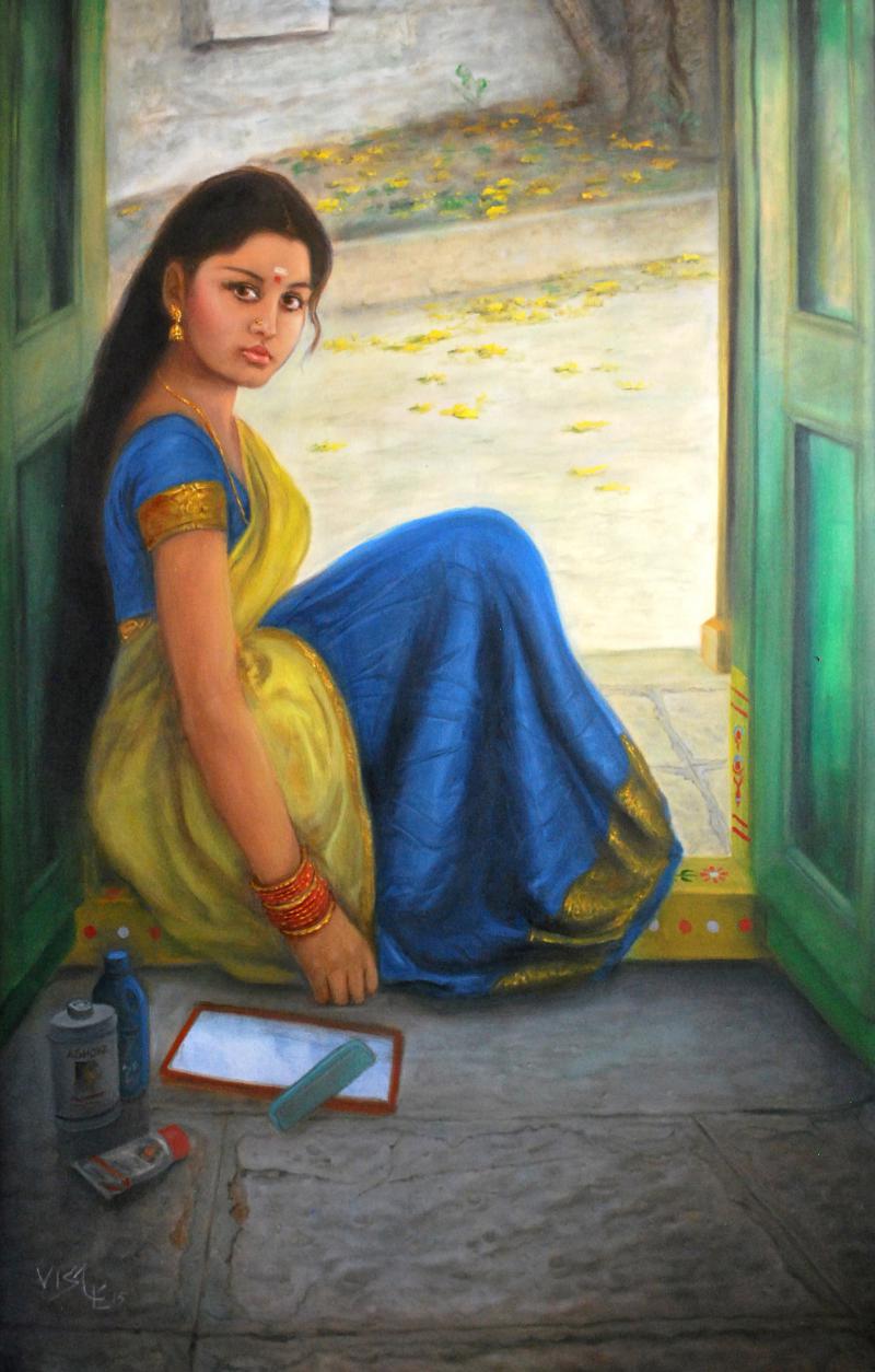 800x1254 Girl Dressing Up By Artist Vishalandra Dakur Figurative Art - Girl Painting