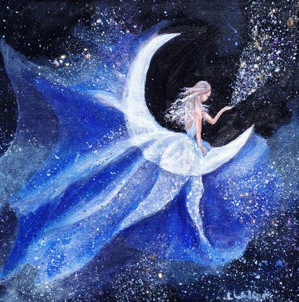 594x600 Galaxy Girl Moon Girl, Fantasy Acrylic Painting. By Laura Wilson - Girl Painting