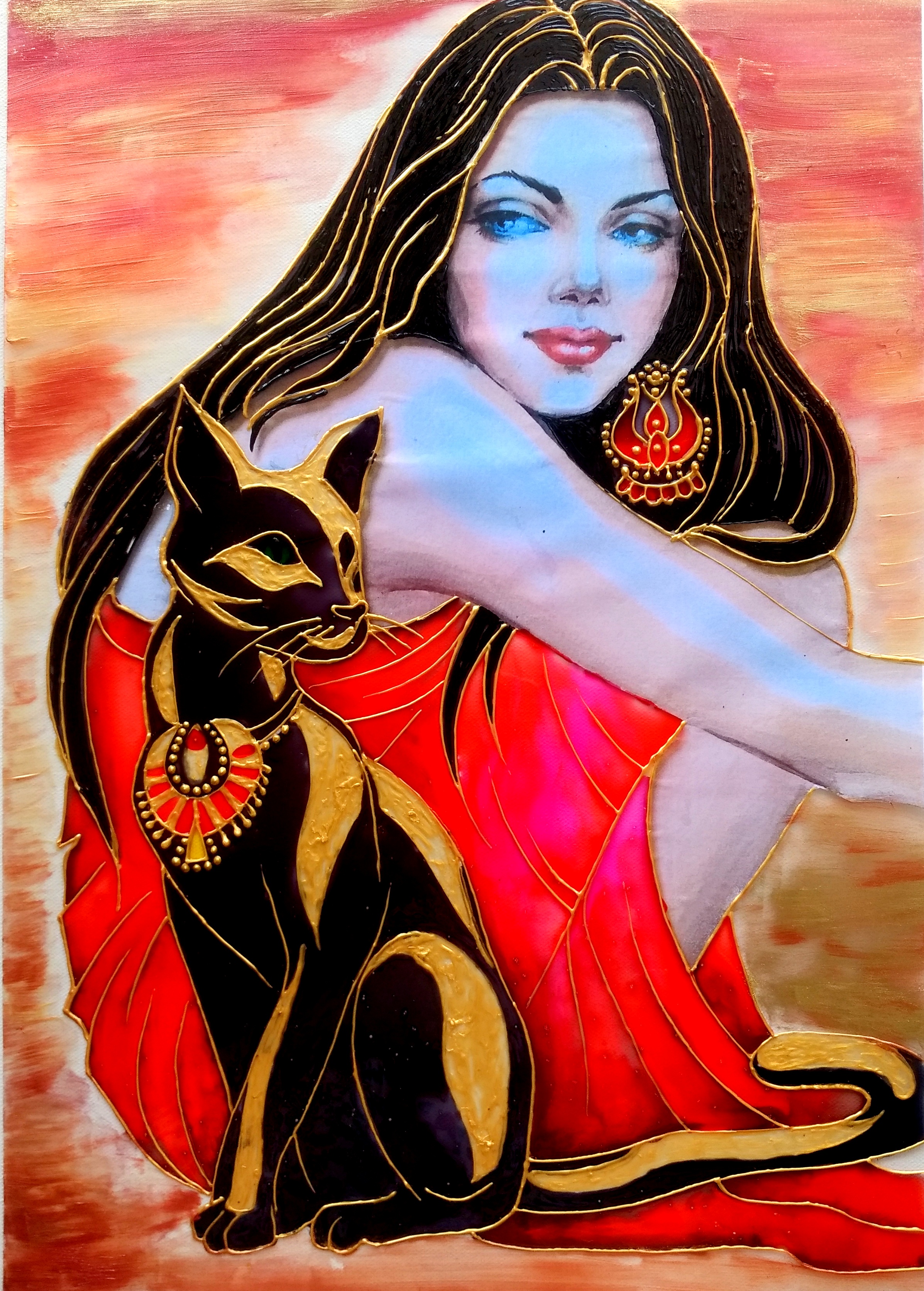 2394x3341 Glass Painting Of Lady With Black Cat - Girl Painting A Picture