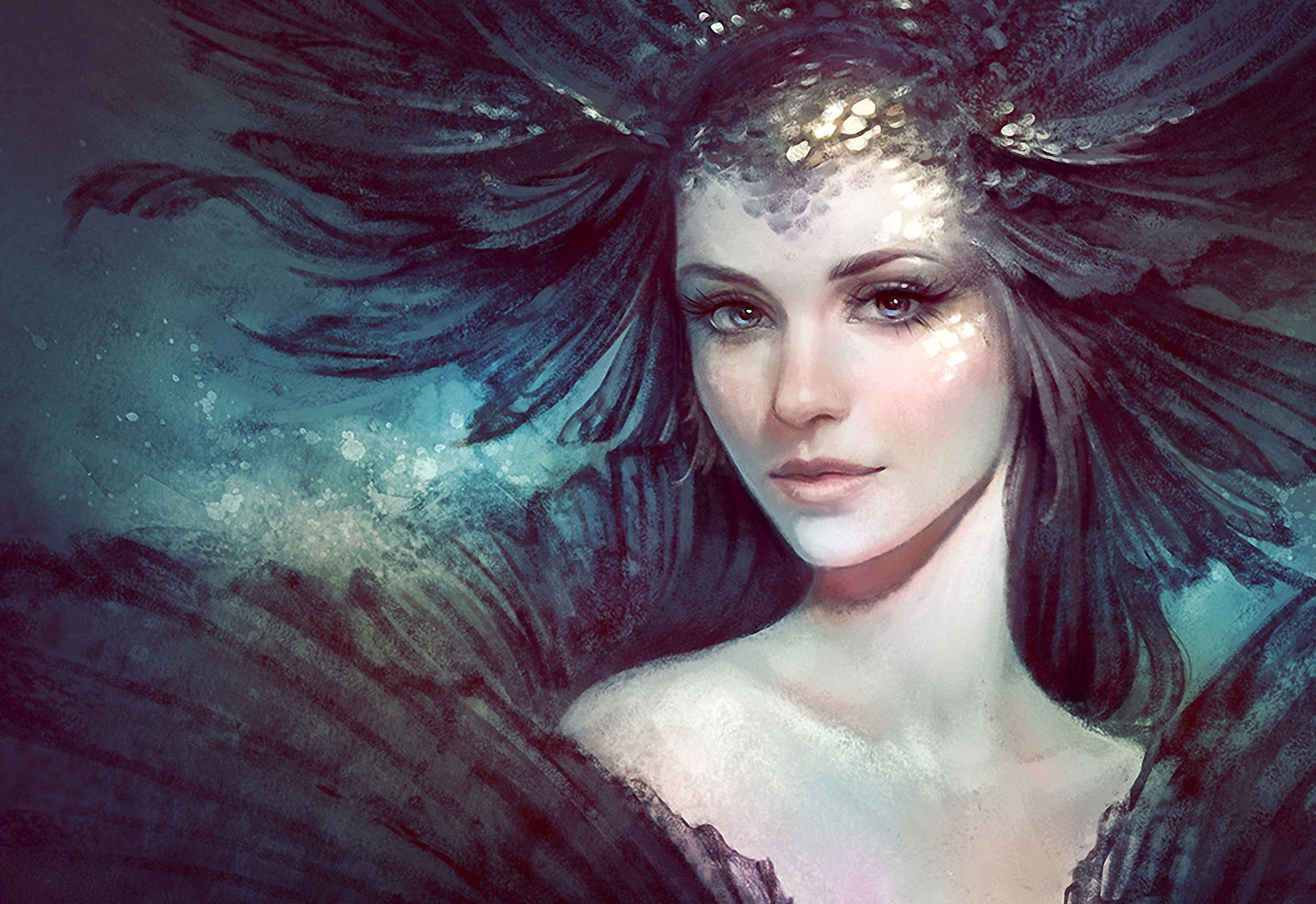 1805x1240 Painted, Girl, Pattern, Digital, Art, Water, Gold, Beautiful, Eyes - Girl Painting Art
