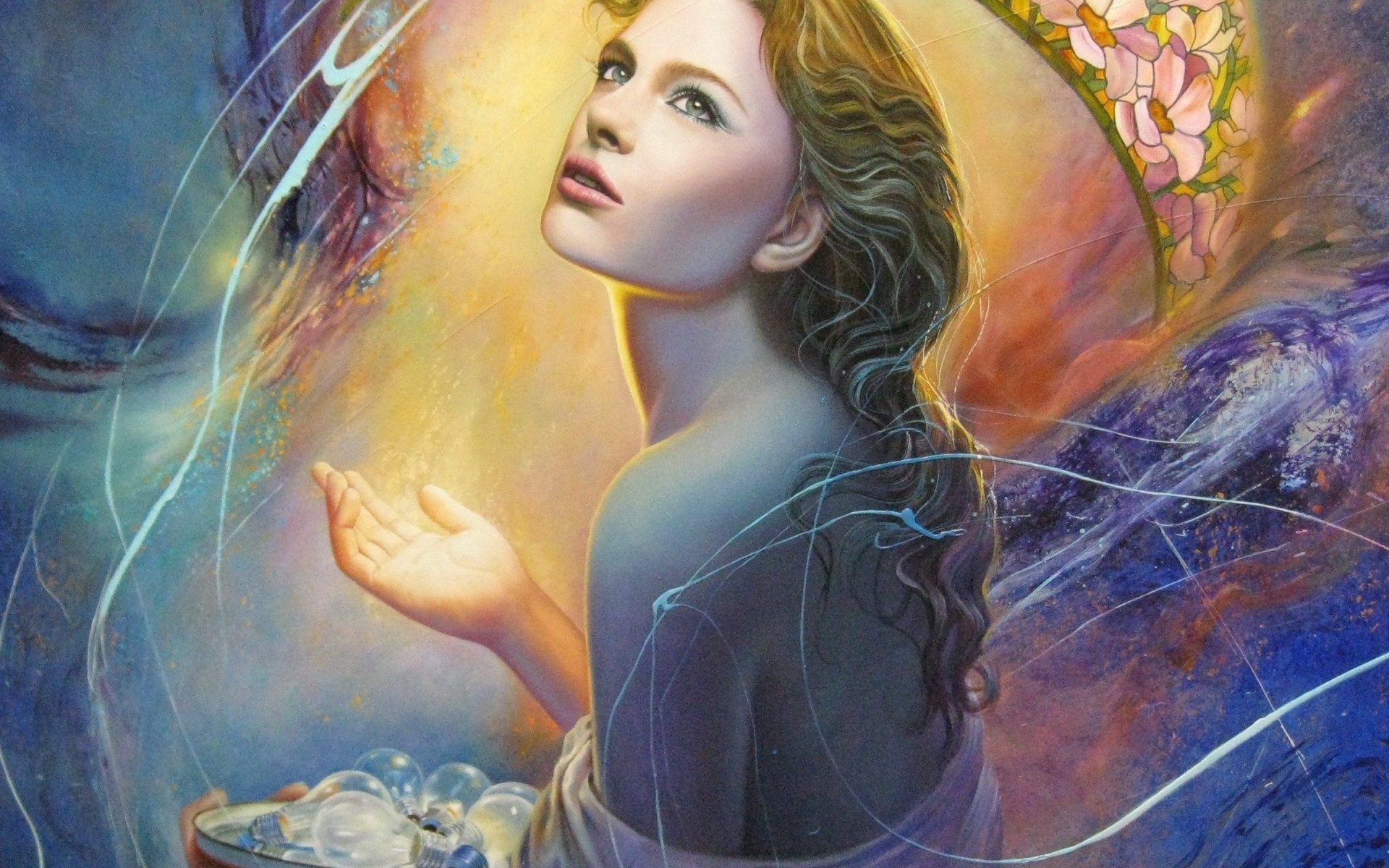 1920x1200 Painting Art Girl Face Eyes Hair Back Hand Mood Wallpaper - Girl Painting Art