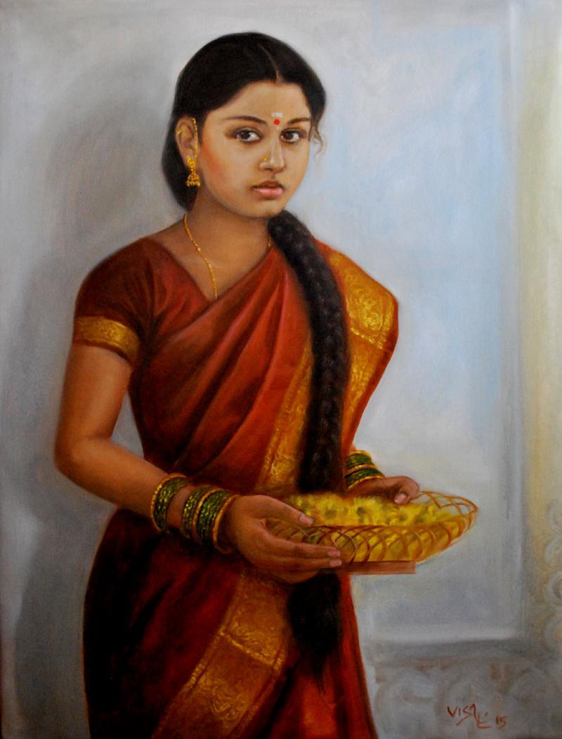 800x1052 Girl With Pooja Flowers By Artist Vishalandra Dakur Figurative - Girl Painting Art