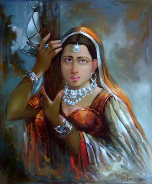 496x600 Indian Rural Woman Waiting For Someone Hand Painted Art Painting - Girl Painting Art