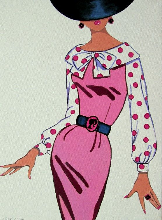 556x753 Fashion Girl Woman Barbie Belt Pink Dress Hat Original Painting - Girl Painting Barbie