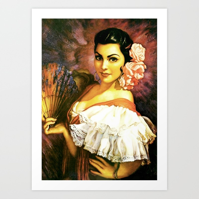 700x700 Jesus Helguera Painting Of A Mexican Calendar Girl With Fan Art - Girl Painting Jesus
