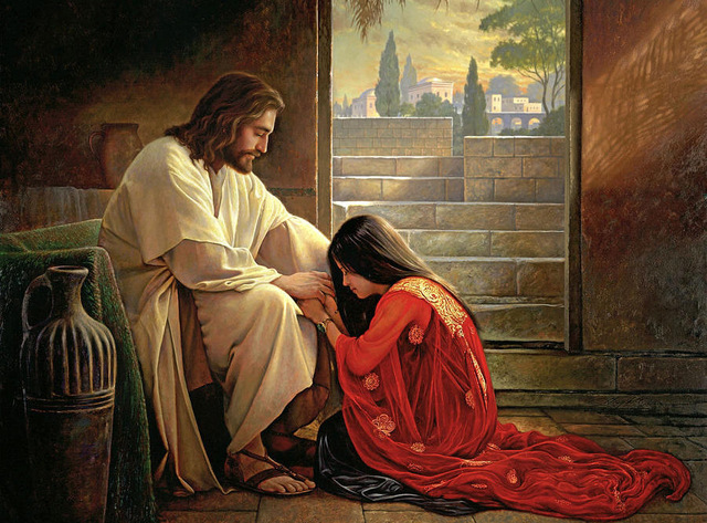 640x473 Beautiful Oil Painting Christ Jesus With Nice Young Girl In Red - Girl Painting Jesus