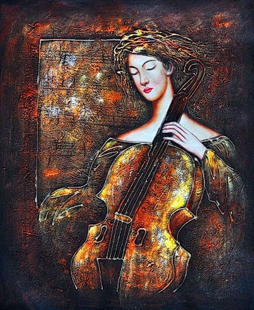 524x640 Golden Painting Girl Playing Cello On Oil Painting Canvas For Home - Girl Playing Cello Painting