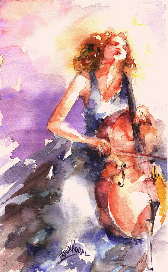 557x900 Playing Cello Painting By Faruk Koksal - Girl Playing Cello Painting