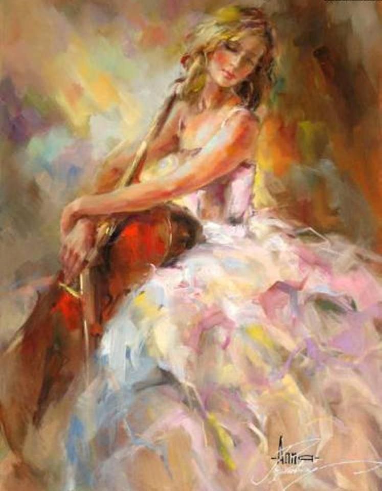 747x960 Romantic Paintings By Anna Razumovskaya Cello, Oil - Girl Playing Cello Painting