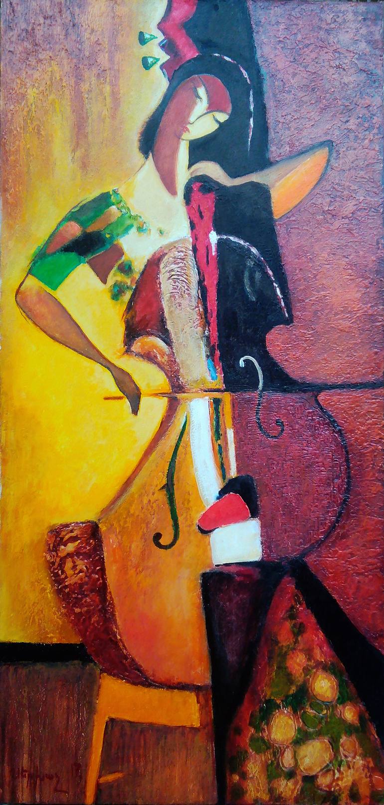 770x1612 Saatchi Art Girl With Cello Painting By Narinart Armgallery - Girl Playing Cello Painting