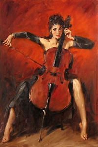 200x300 Art Oil Painting Beautiful Young Girl Playing Cello Red Symphony - Girl Playing Cello Painting