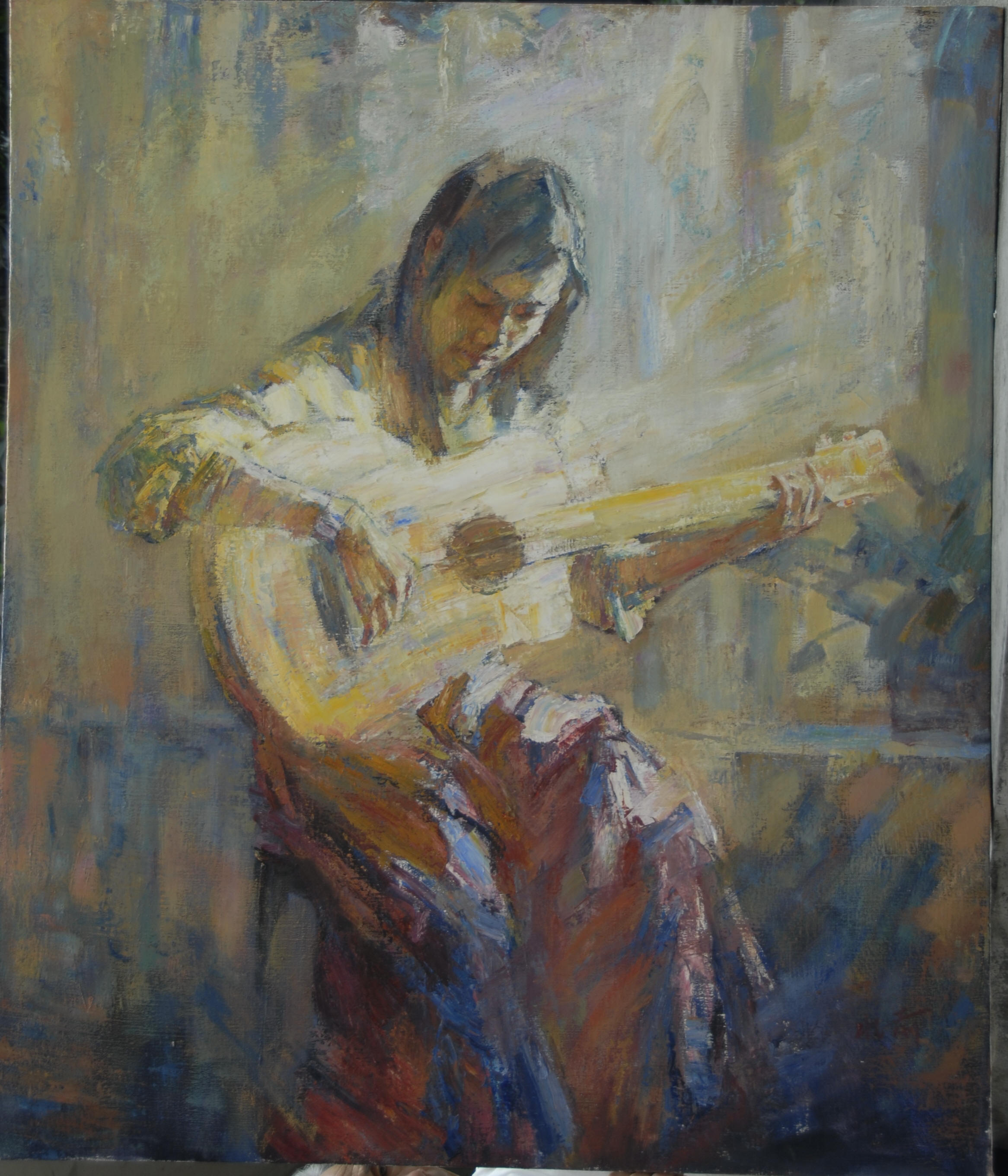 2332x2719 Girl Playing Guitar Original Painting By Zhao Qian Xu - Girl Playing Guitar Painting