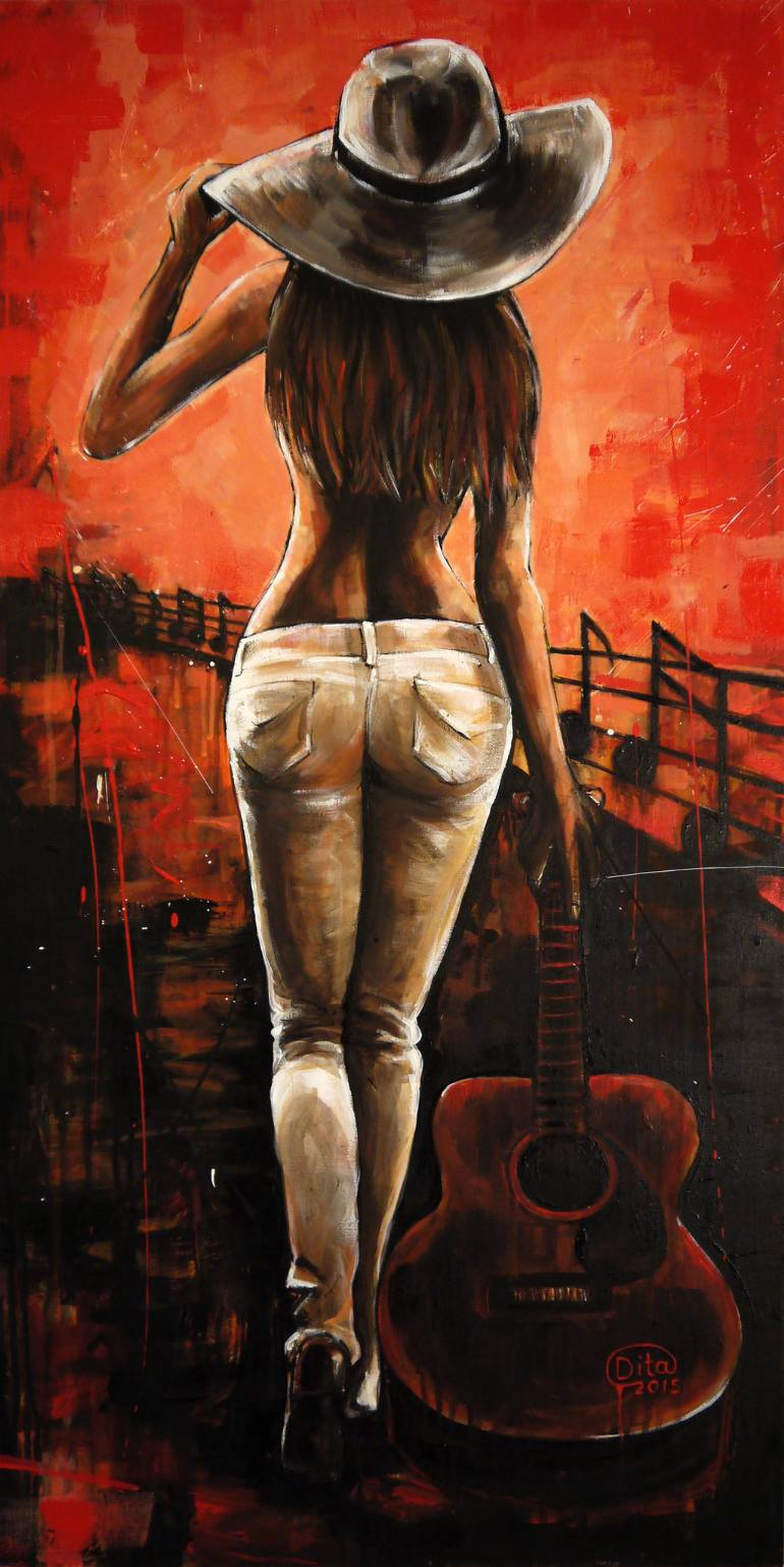 770x1538 Saatchi Art Guitar Girl Painting By Dita Omuri - Girl Playing Guitar Painting