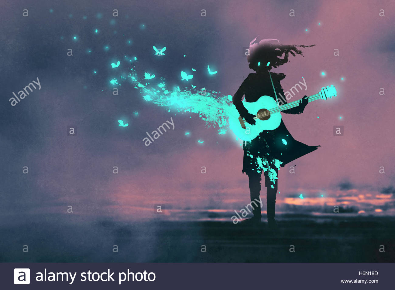 1300x956 Girl Playing Guitar With A Blue Light And Glowing Stock Photo - Girl Playing Guitar Painting