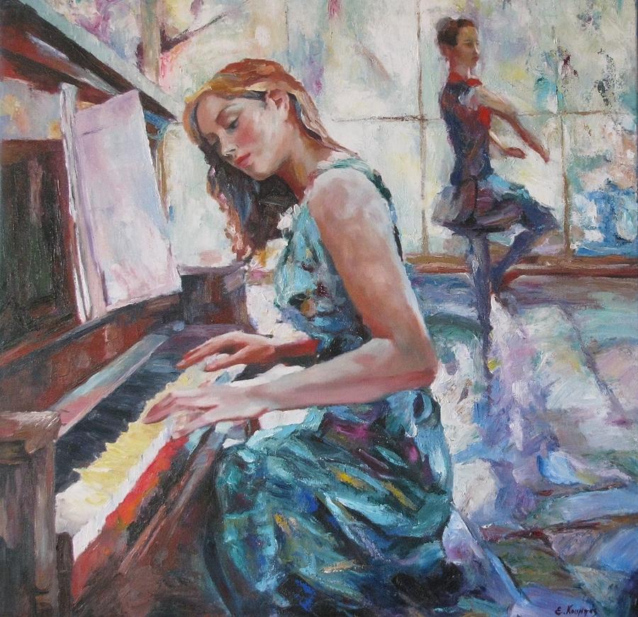 900x870 Girl Playing Piano Painting By Evangelos Koumbis - Girl Playing Piano Painting
