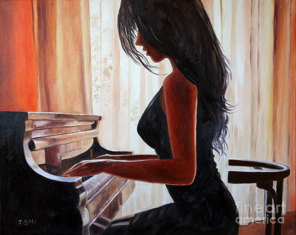 600x477 Lovely Girl Playing Piano Art Print By Jian Shi - Girl Playing Piano Painting