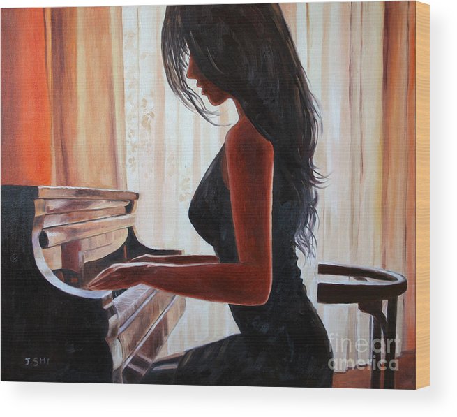 655x597 Lovely Girl Playing Piano Wood Print By Jian Shi - Girl Playing Piano Painting