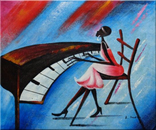 547x456 Framed Black Girl Play Piano In A Blue Setting Oil Painting - Girl Playing Piano Painting