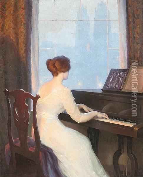 485x600 Girl Playing Piano Oil Painting - Girl Playing Piano Painting
