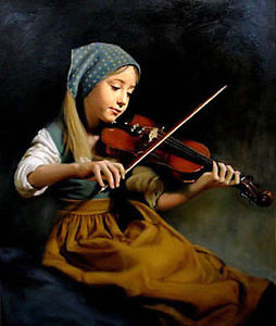 254x300 Excellent Oil Painting Nice Little Girl Playing Violin Amp Blue - Girl Playing Violin Painting
