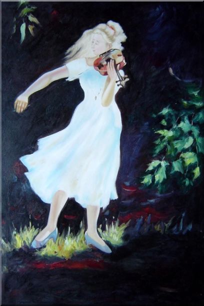 408x612 Framed Girl Plays Violin In The Garden Oil Painting Portraits - Girl Playing Violin Painting