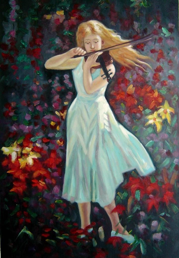 721x1039 Framed Violin Girl With Flower Field Oil Painting Portraits Woman - Girl Playing Violin Painting