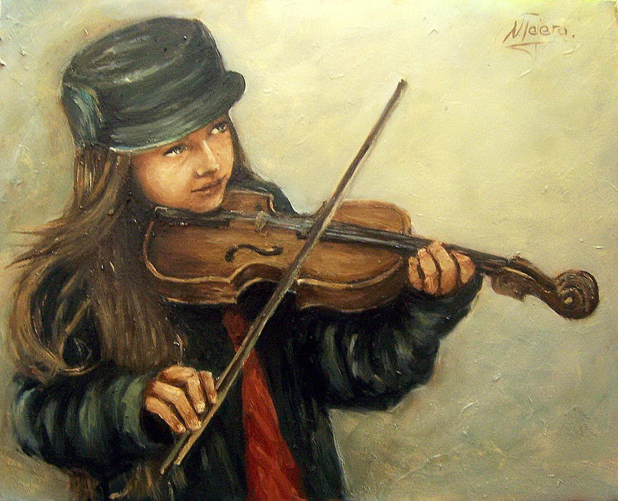 900x730 Girl And Her Violin Painting By Natalia Tejera - Girl Playing Violin Painting