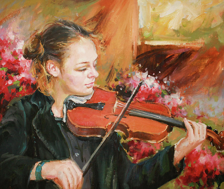 900x758 Learning The Violin Painting By Conor Mcguire - Girl Playing Violin Painting